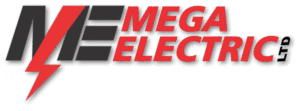 mega electric logo Mega Electric Logo: black and red with a lightning bolt in the M.