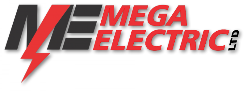 mega electric logo Mega Electric Logo: black and red with a lightning bolt in the M.