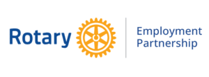 Rotary Employment Program Logo Mega Electric Logo: black and red with a lightning bolt in the M.